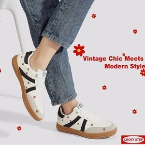 Lucky Step White Sneakers with Red flower Accents